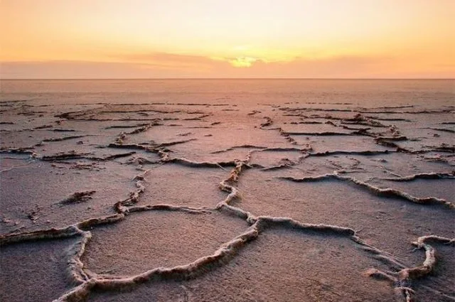 Cracked salt flats stretching to a pale sunset, left behind by the receding Aral Sea